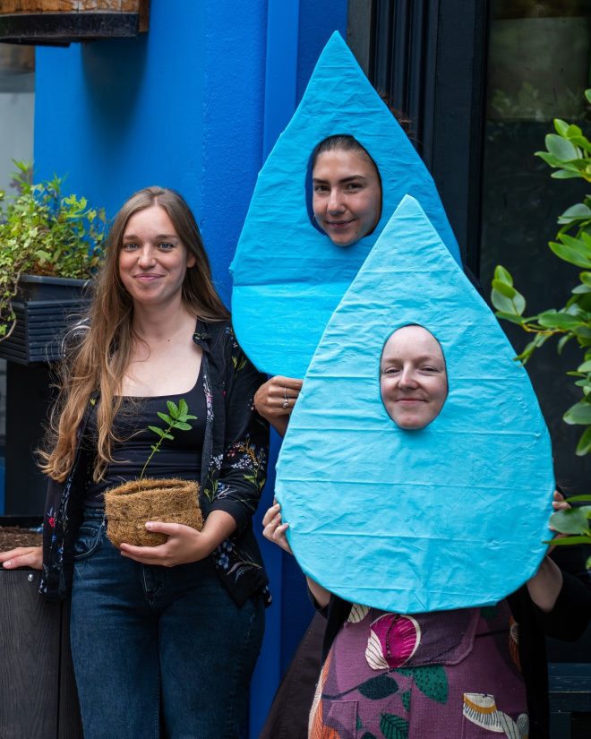 Catching Raindrops Project Manager Alex Konieczka volunteers Seneca Lent and Niamh Roche